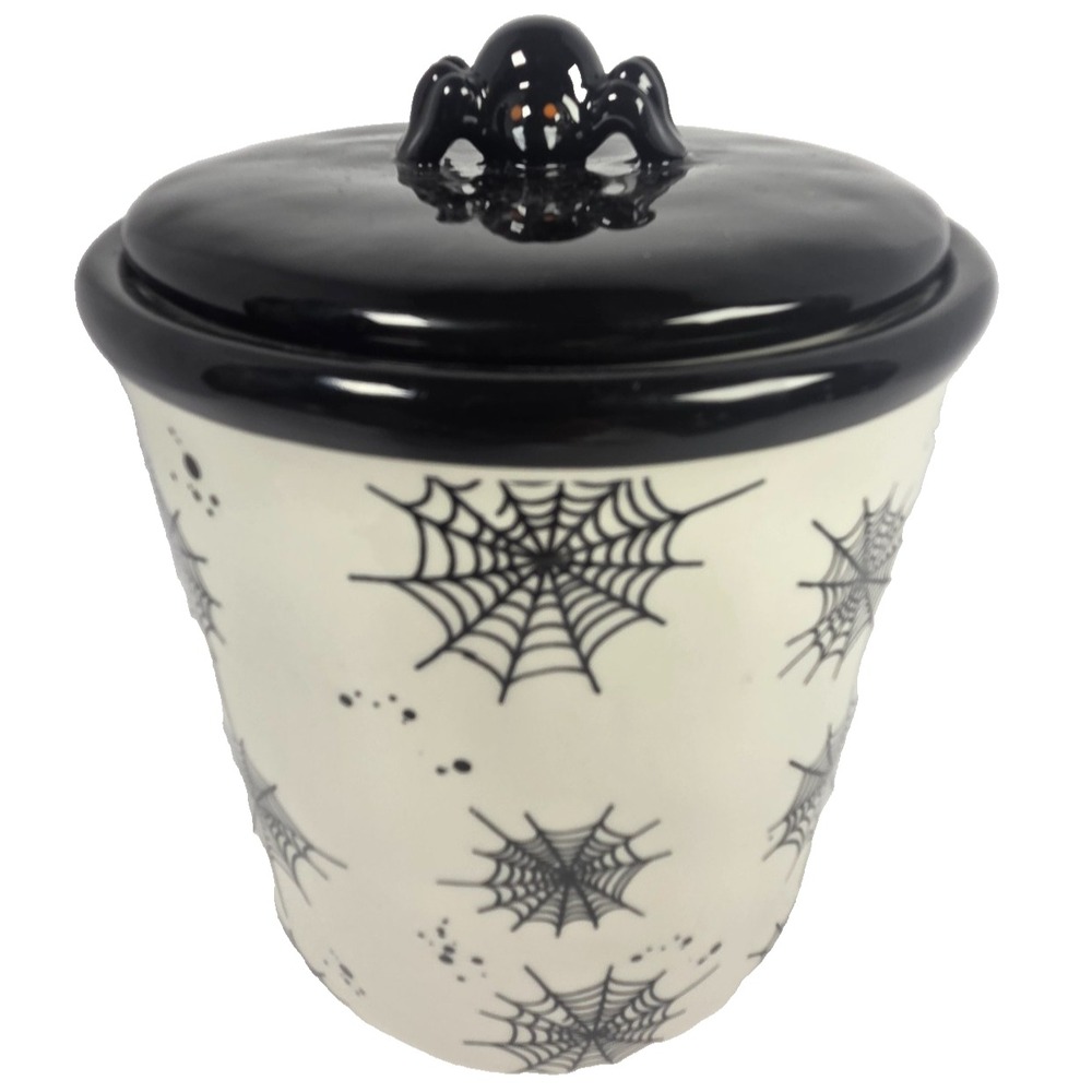 Dwell Essentials Halloween Canister OS Cream Black New Spider Web Gothic Ceramic